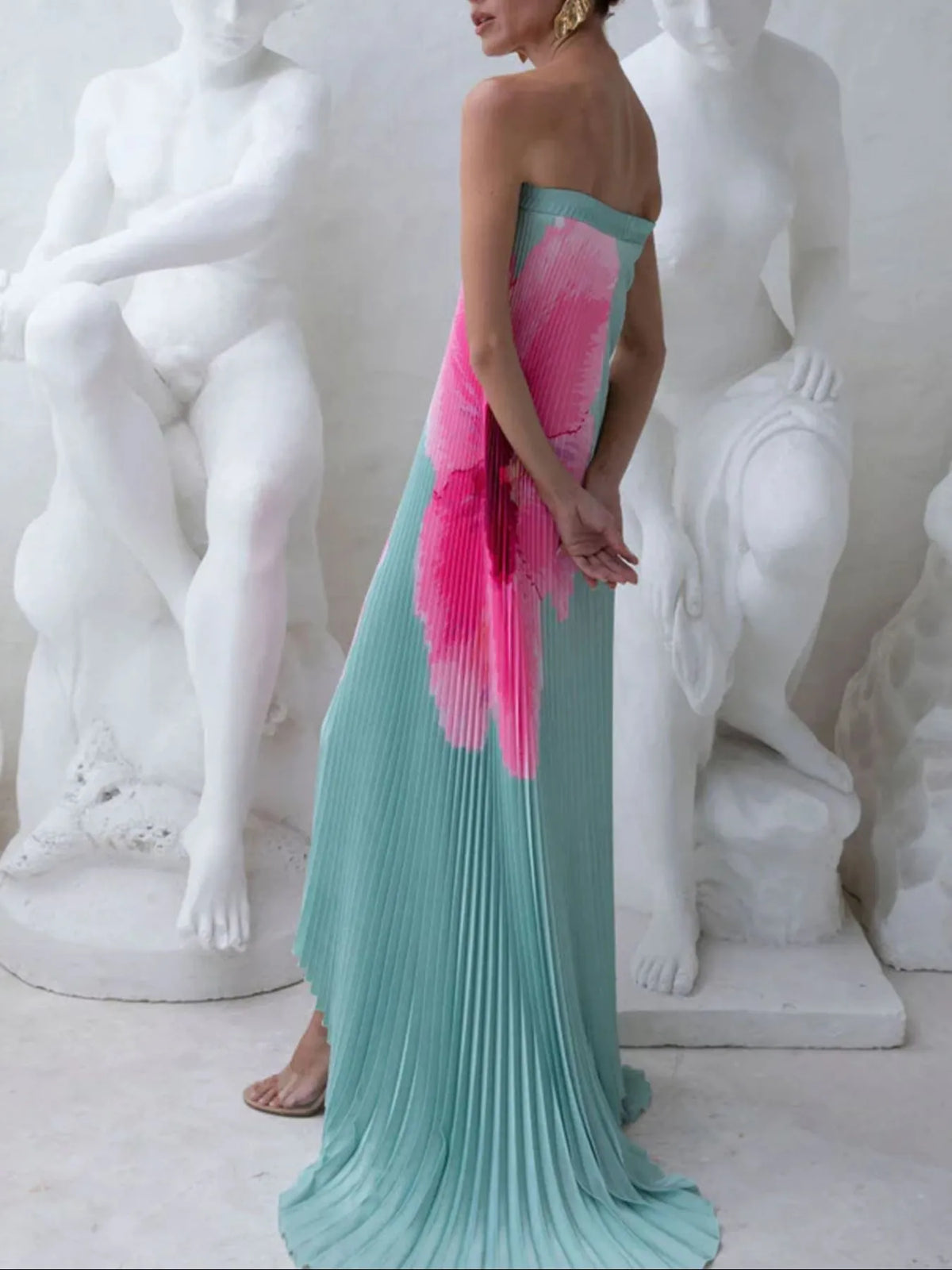 Pleated Printed Tube Floor Length Dress - alternate view 2