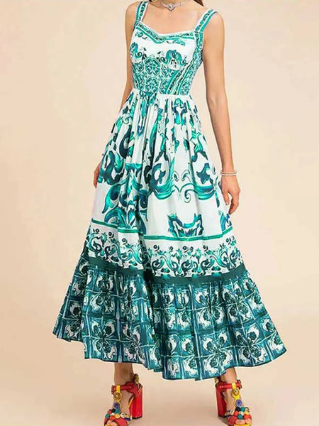 Smocked Printed Wide Strap Dress - alternate view 14