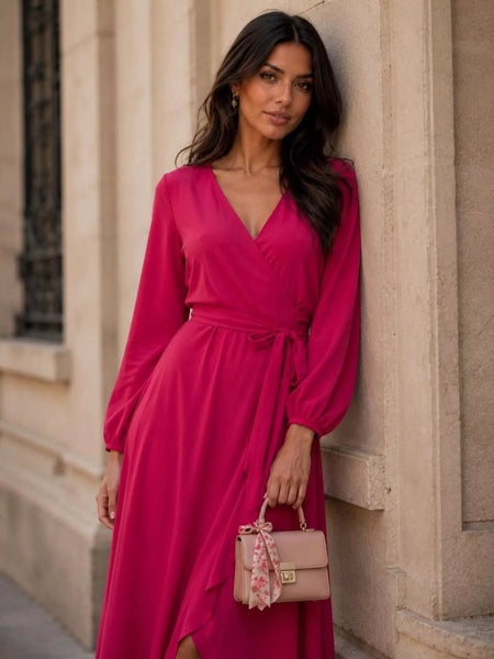 Long Sleeve Wrap Dress with Waist Tie - alternate view 9