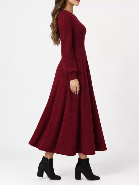 Ribbed Knit Long Sleeve A-Line Midi Dress - alternate view 12