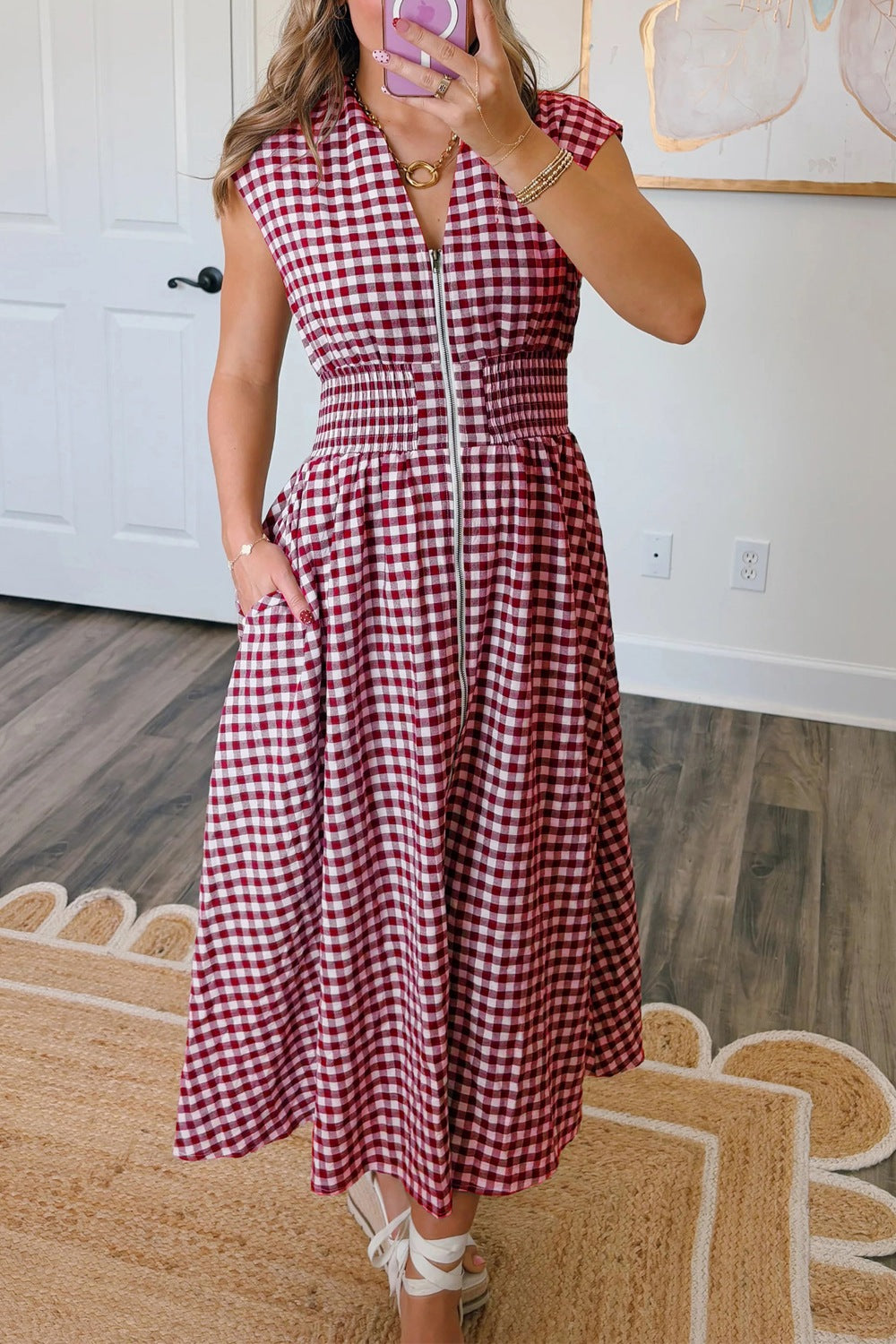 Gingham Zip-Front Midi Dress - alternate view 3