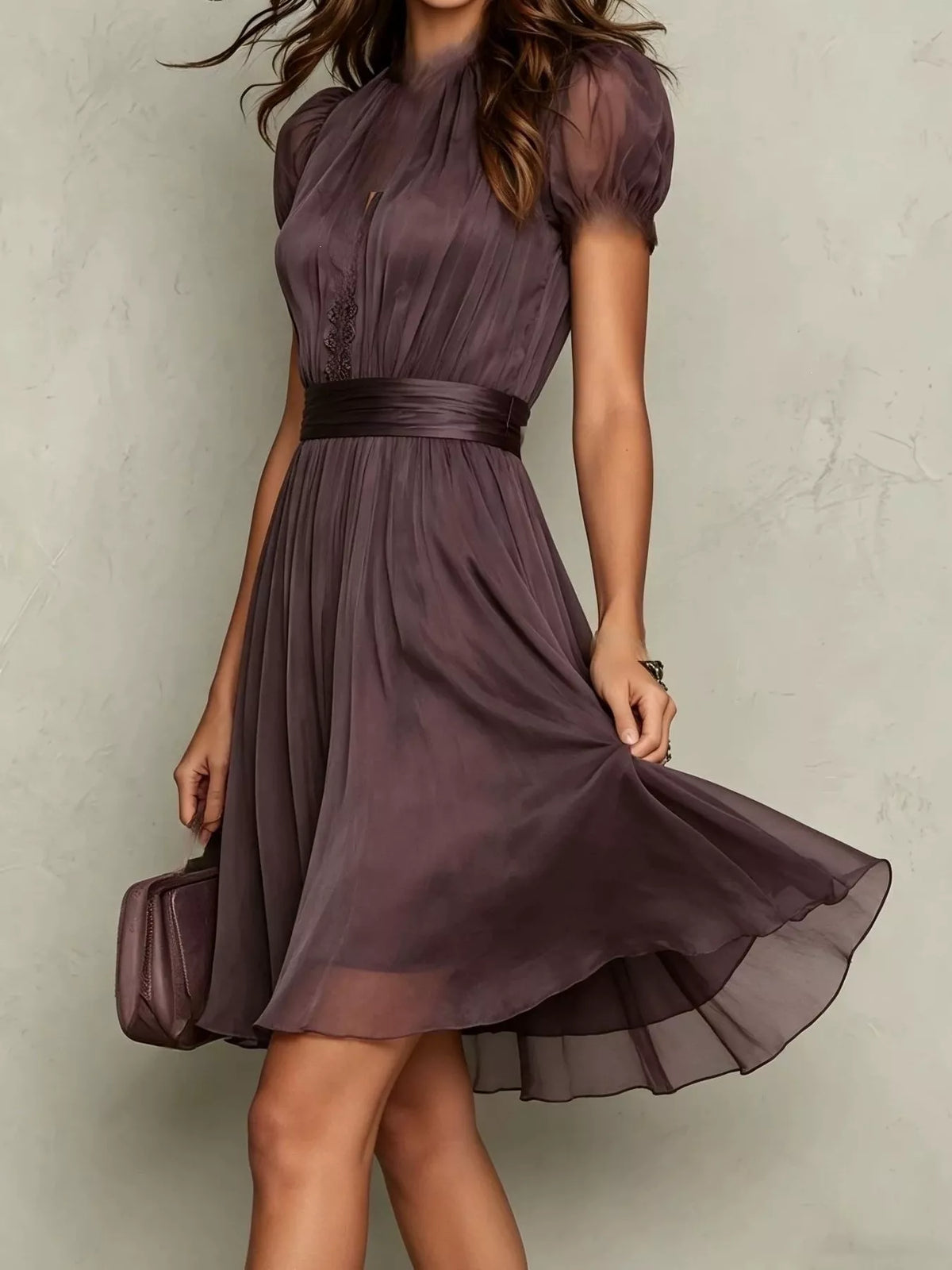 Full Size Lace Trim Puff Sleeve A-Line Dress Plus Size - alternate view 3