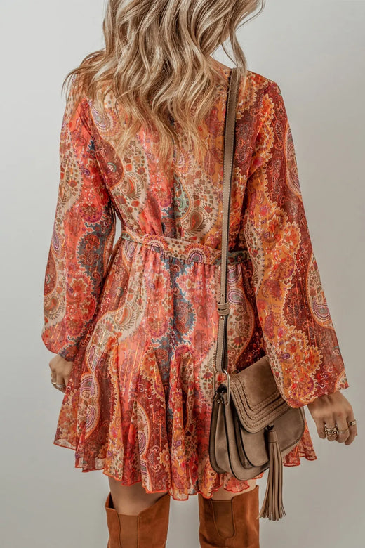 Tied Printed Balloon Sleeve Mini Dress - alternate view 2