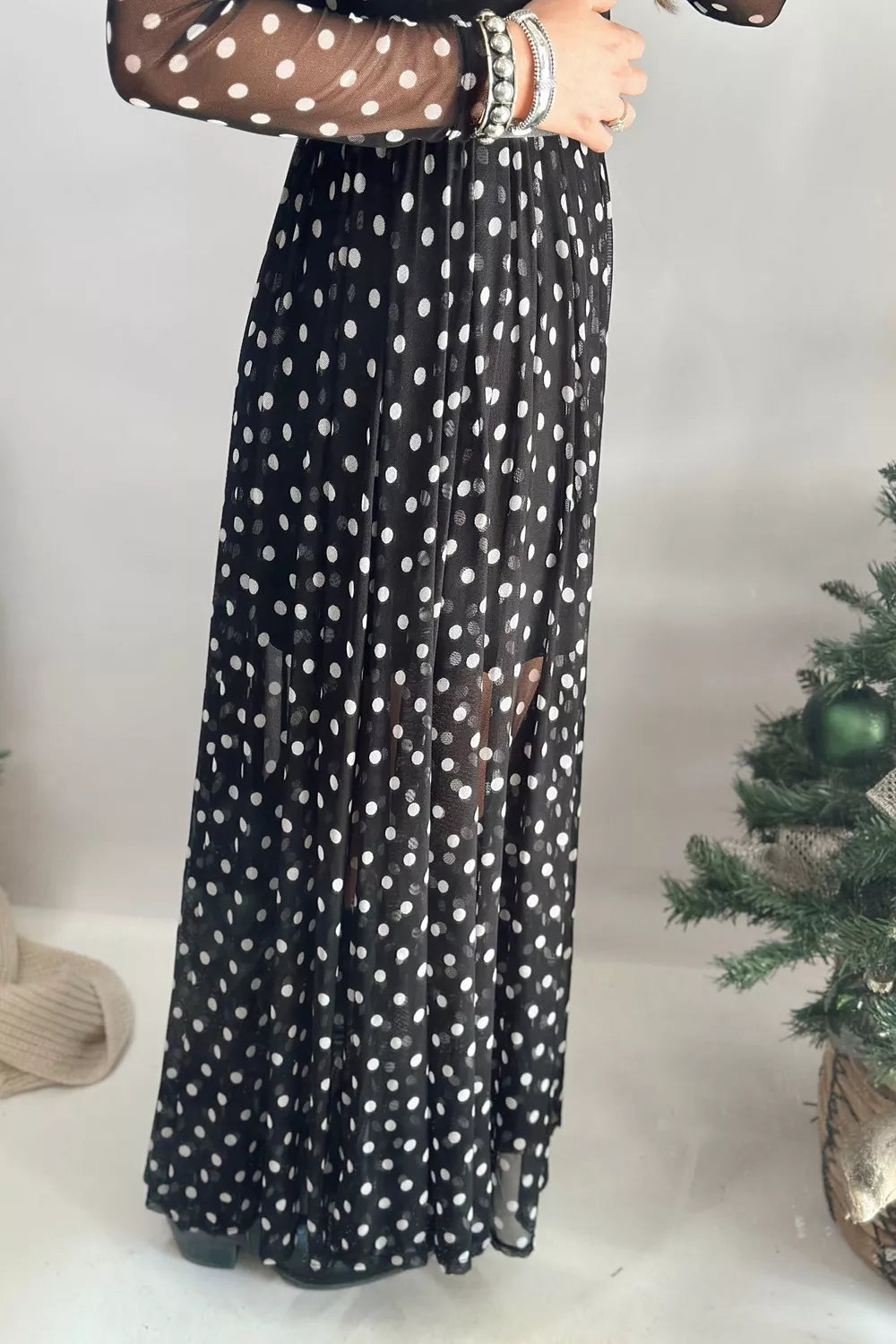 Polka Dot Sheer Mesh Long Sleeve Maxi Dress - alternate view 2