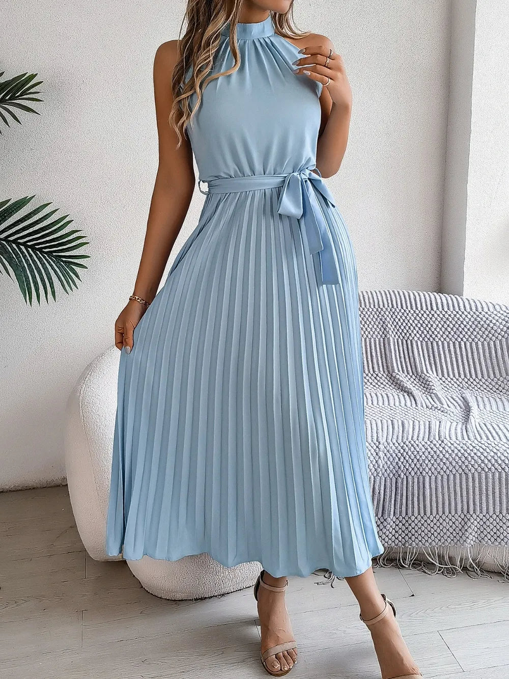 Grecian Neck Tie Waist Pleated Dress - alternate view 3