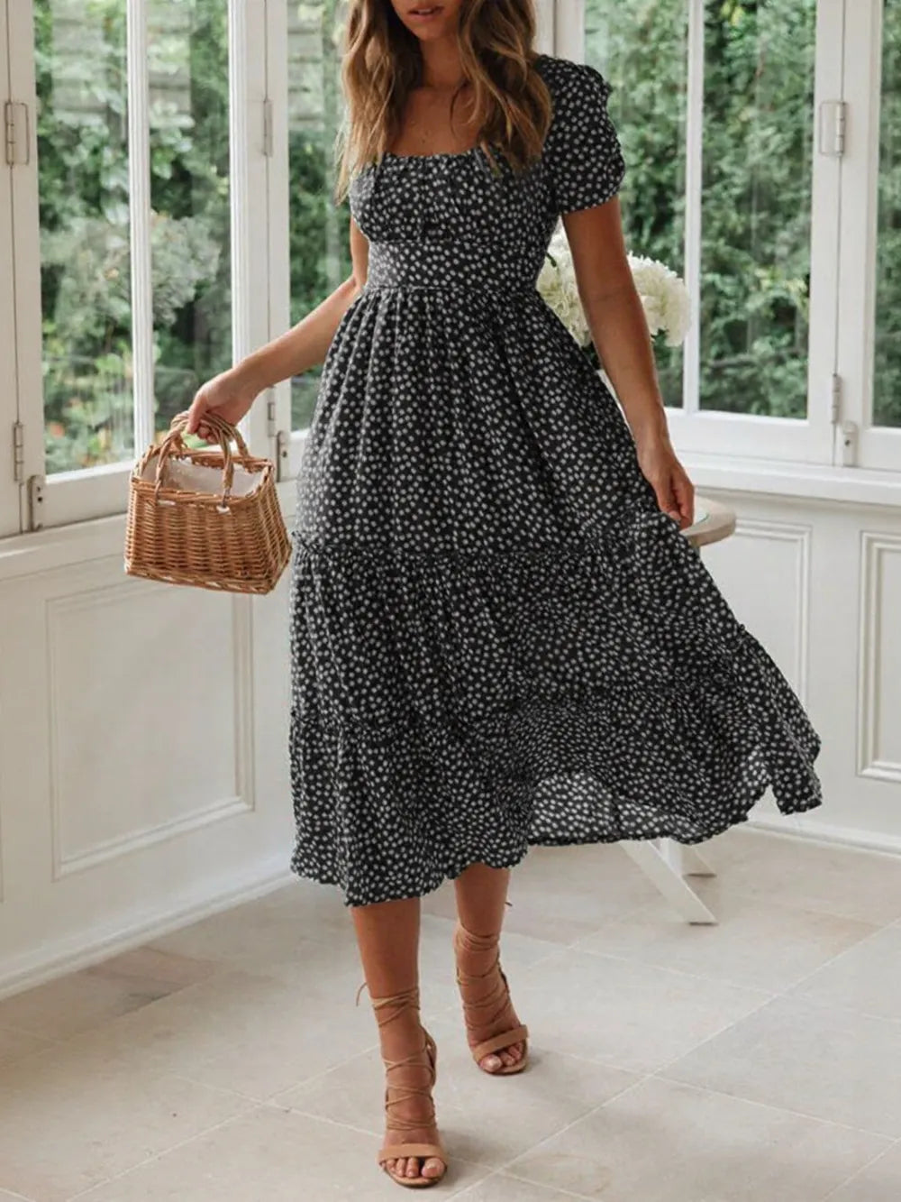 Printed Square Neck Short Sleeve Midi Dress - alternate view 6