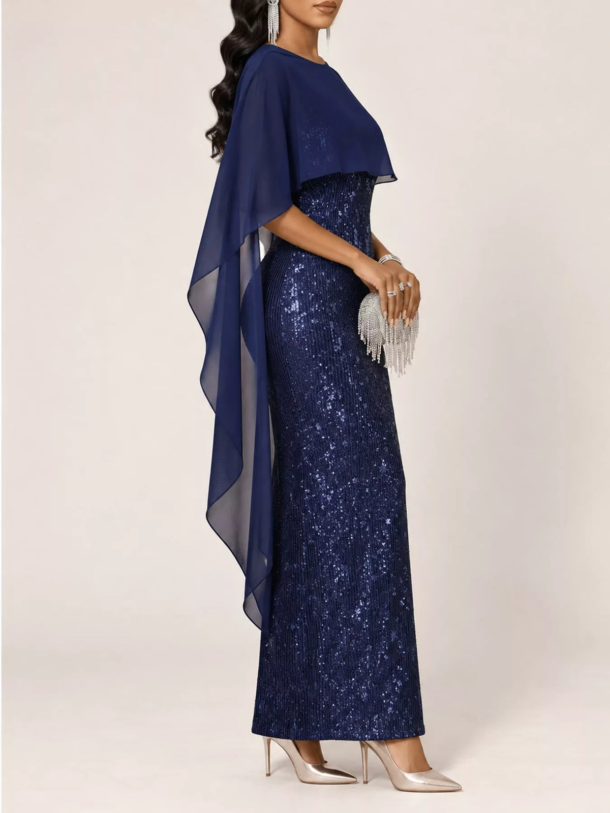 Sequin Cape Overlay Evening Dress - alternate view 15