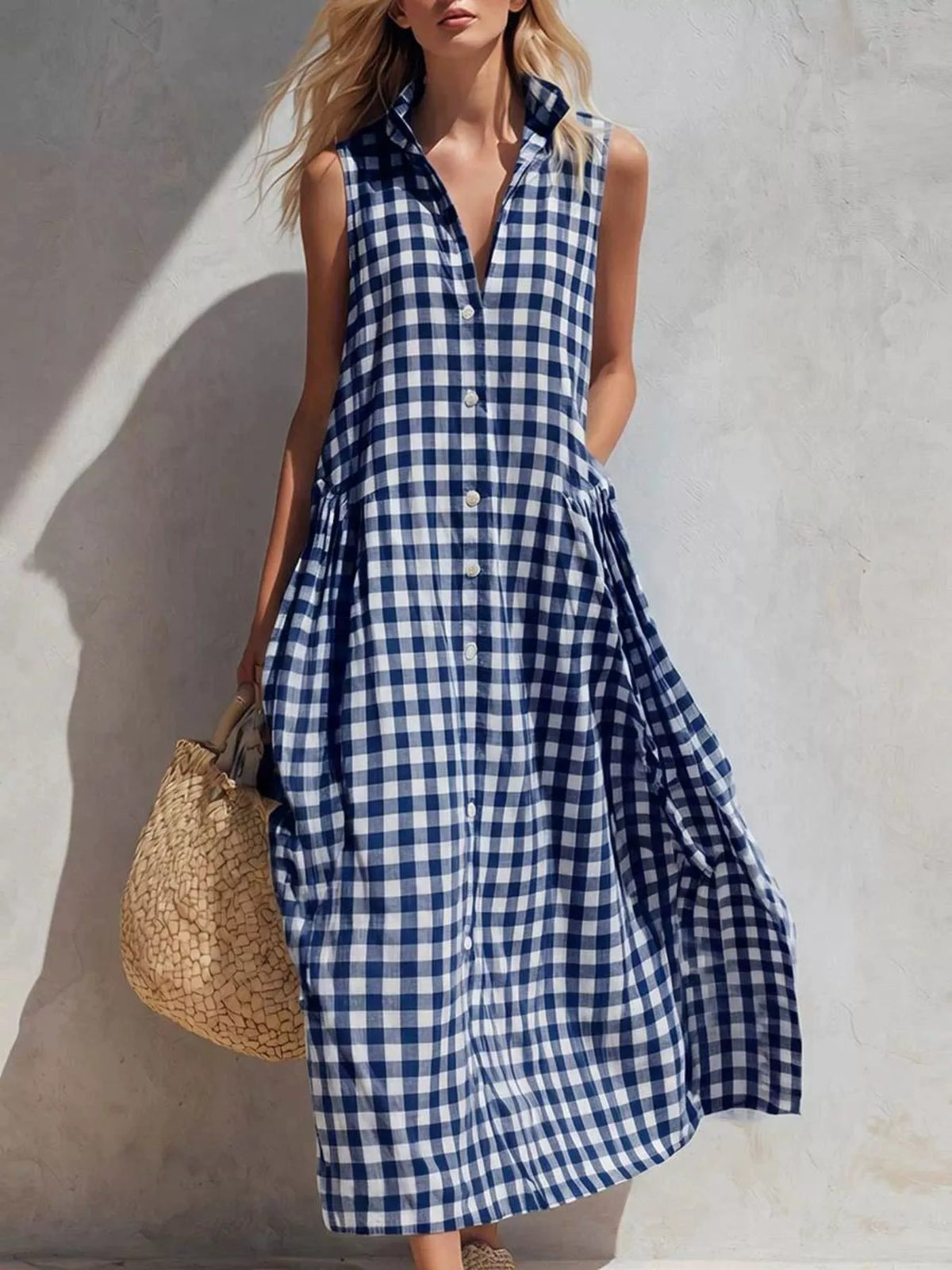 Full Size Sleeveless Gingham Button-Down Midi Dress Plus Size - alternate view 7