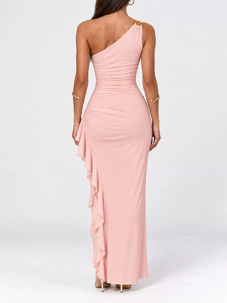 One-Shoulder Ruched Ruffle Hem Maxi Dress - alternate view 20