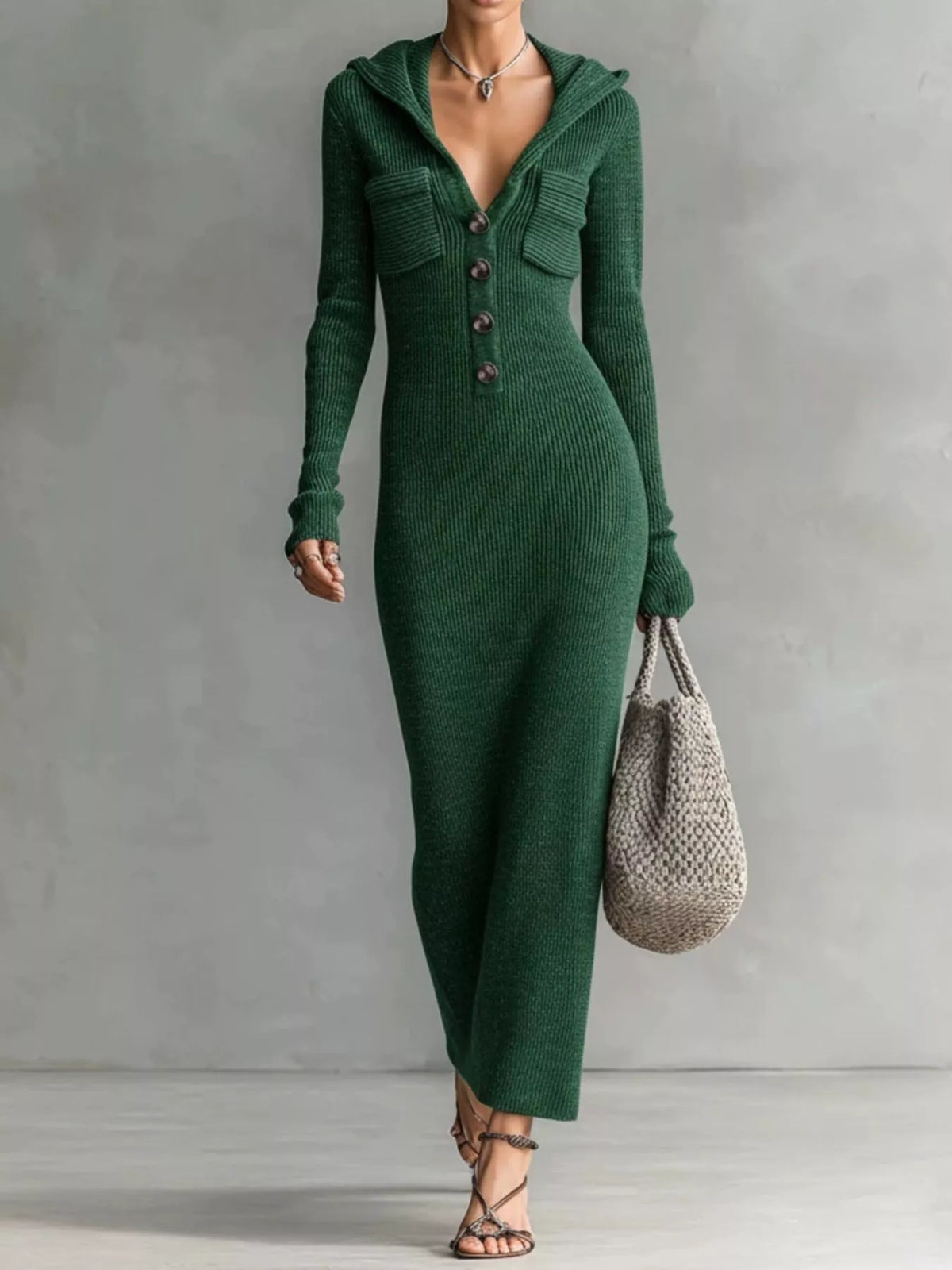 Hooded Knit Maxi Dress with Button-Up Placket and Chest Pockets - alternate view 5
