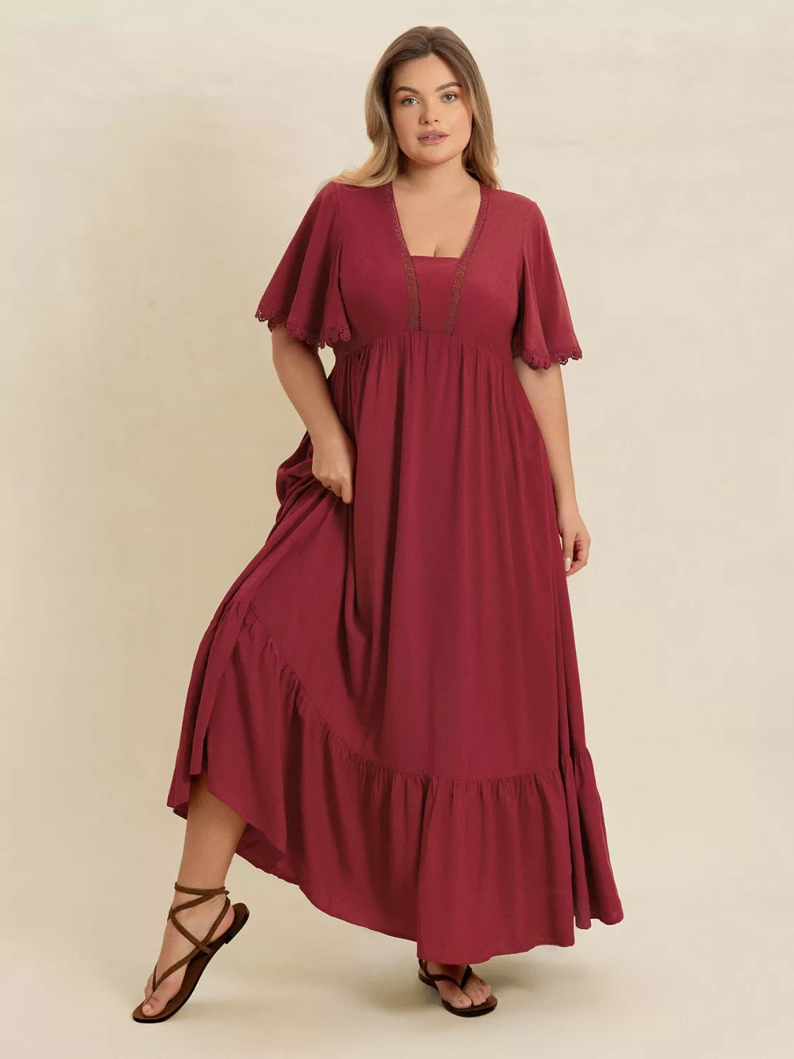 Lace Detail Flutter Sleeve Maxi Dress - alternate view 3