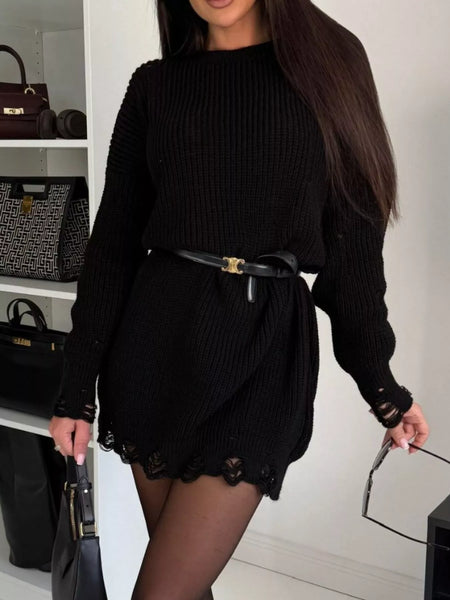 Distressed Round Neck Drop Shoulder Sweater Dress - alternate view 5