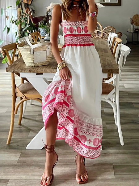 Smocked Printed Tie Shoulder Maxi Dress - alternate view 3
