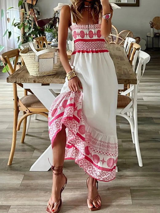 Smocked Printed Tie Shoulder Maxi Dress - alternate view 3