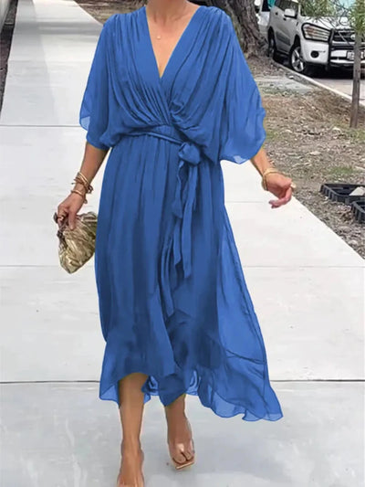 Flowy Tie Front Midi Dress with Flutter Sleeves - alternate view 25