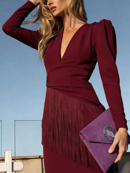 Fringed V-Neck Puff Sleeve Maxi Dress - alternate view 22