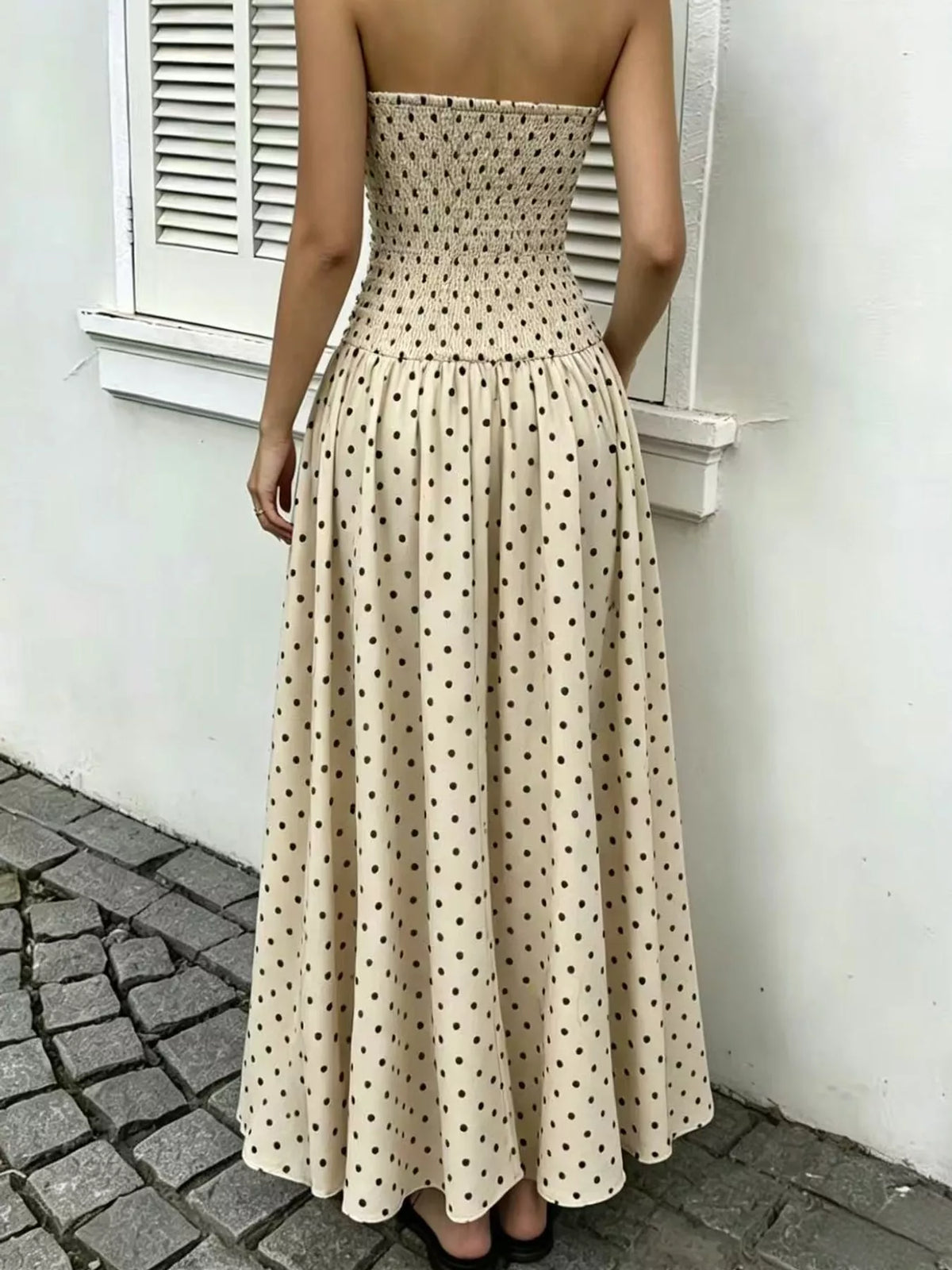 Strapless Polka Dot Ruched Maxi Dress - alternate view 37