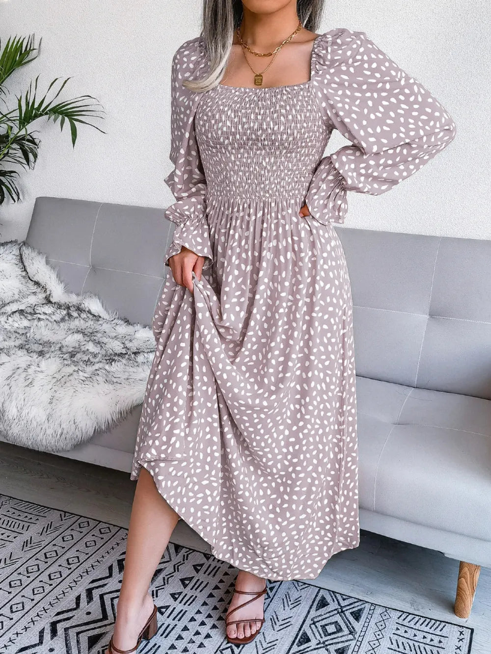 Smocked Square Neck Flounce Sleeve Dress - alternate view 13