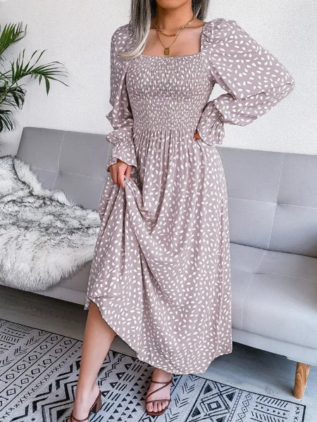 Smocked Square Neck Flounce Sleeve Dress - alternate view 13