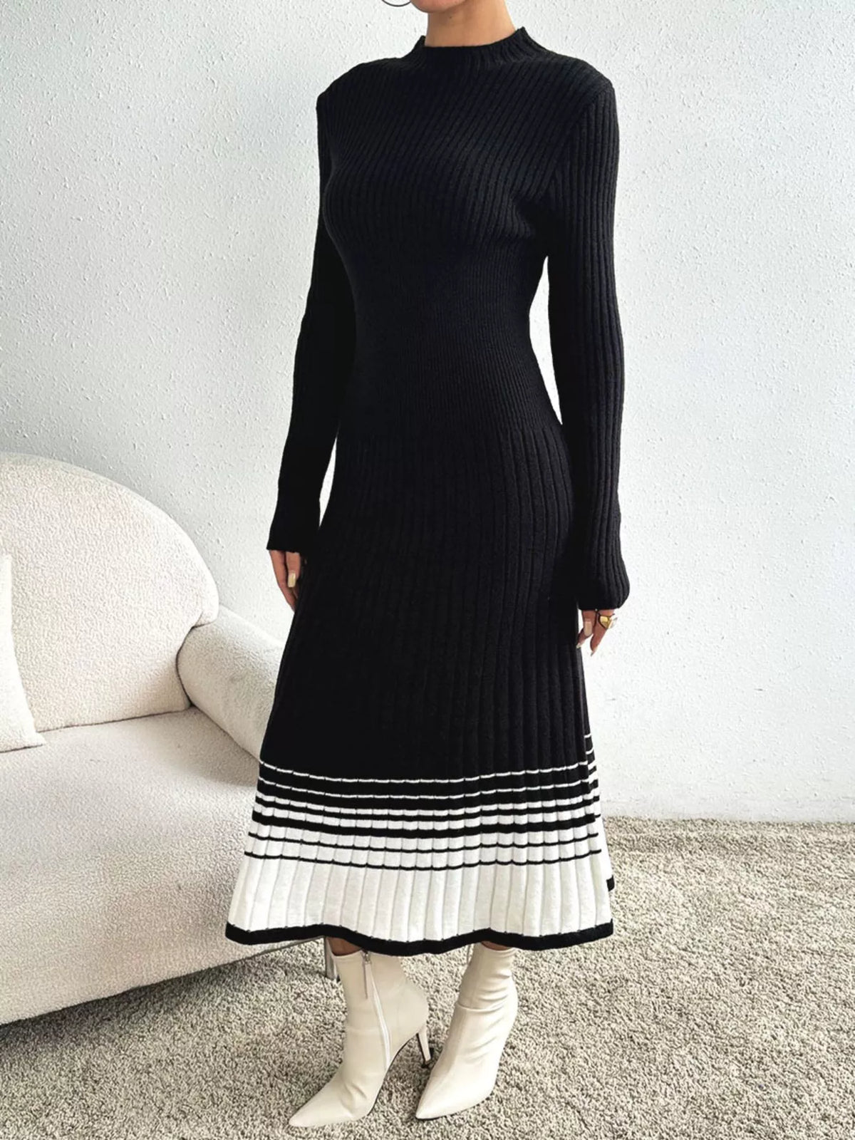 Ribbed Knit Sweater Dress with Striped Hem - alternate view 3