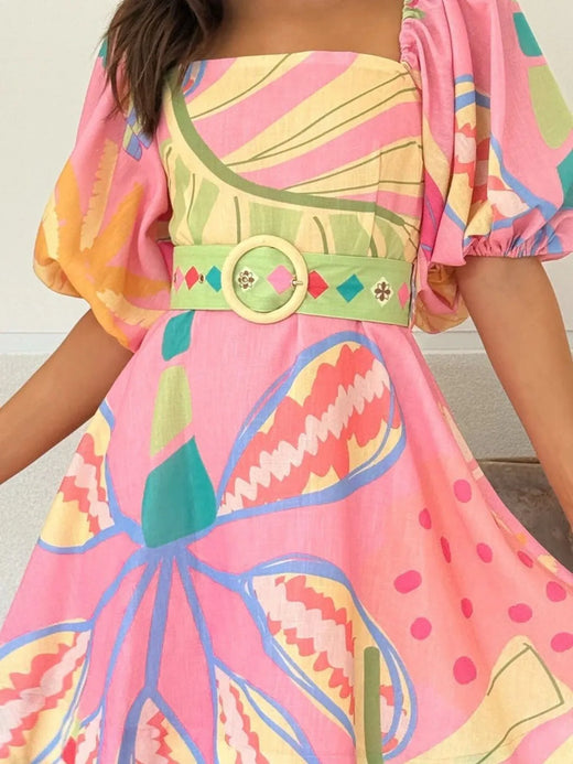 Printed Square Neck Puff Sleeve Dress - alternate view 5
