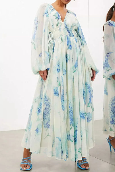 Floral Print Bohemian Maxi Dress with Balloon Sleeves