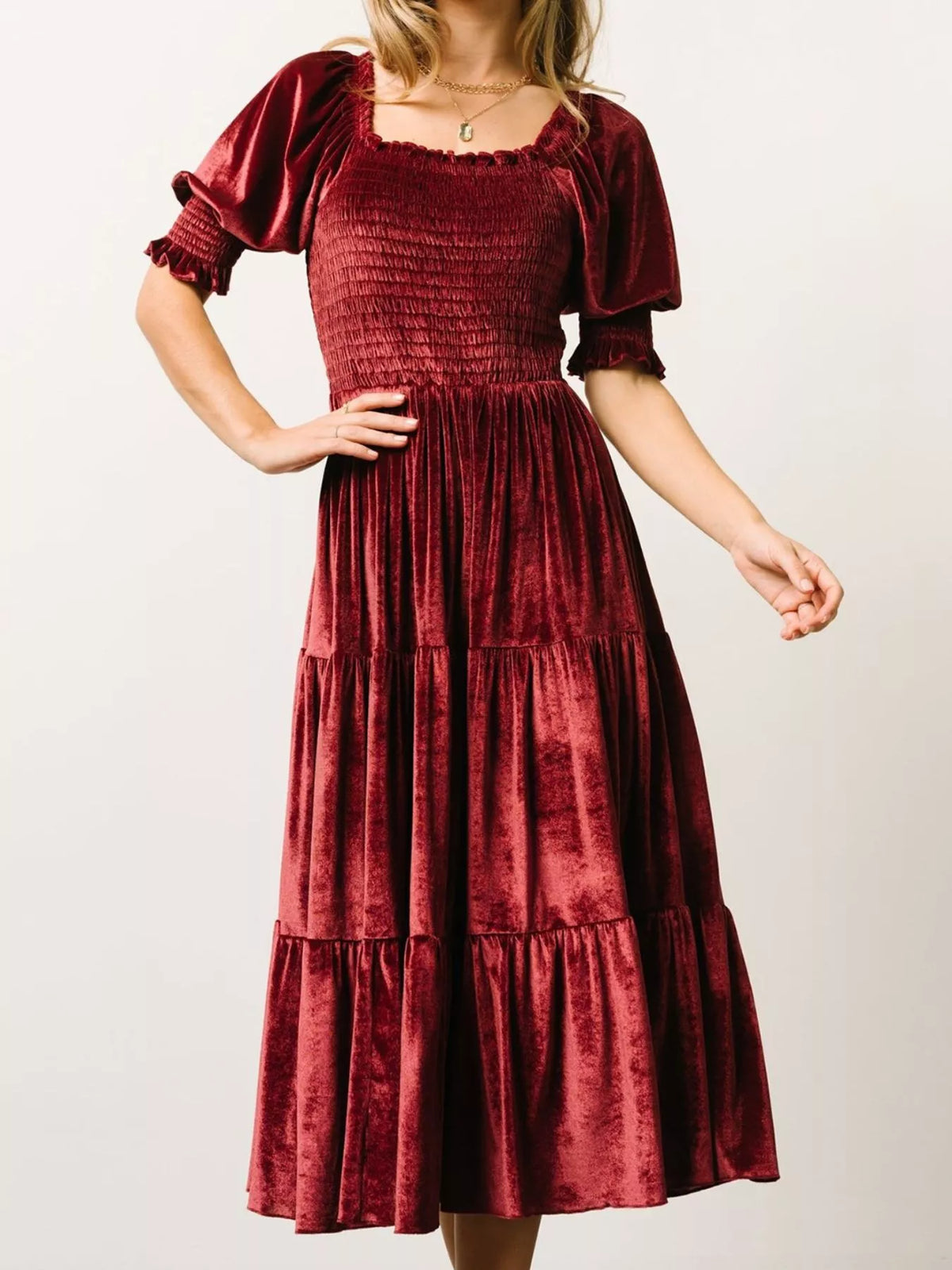 Velvet Smocked Tiered Midi Dress - alternate view 13