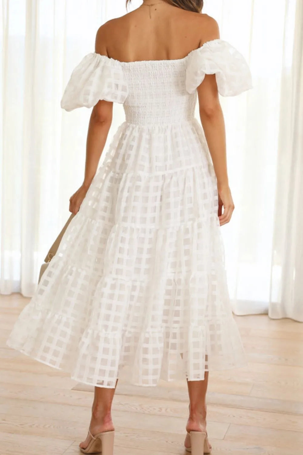 Off Shoulder Short Puff Sleeve Midi Dress - alternate view 16