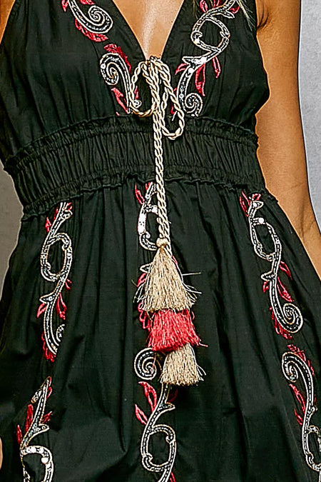 POL Embroidered Detail Tassel Tie Smocked Waist Midi Tiered Cami Dress - alternate view 6