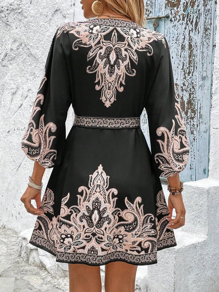 Paisley V-Neck 3/4 Sleeve Mini Dress - alternate view 13