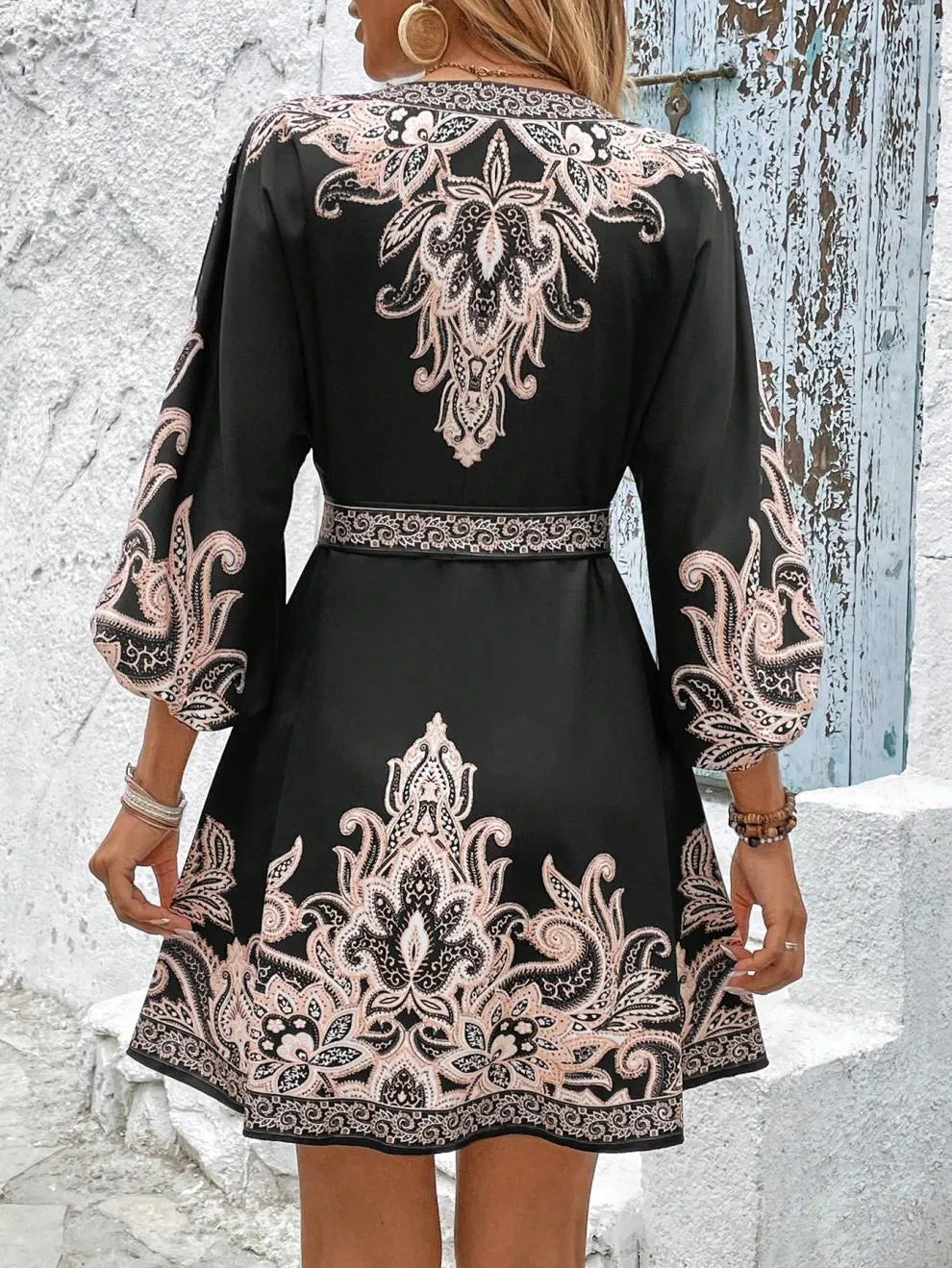 Paisley V-Neck 3/4 Sleeve Mini Dress - alternate view 13