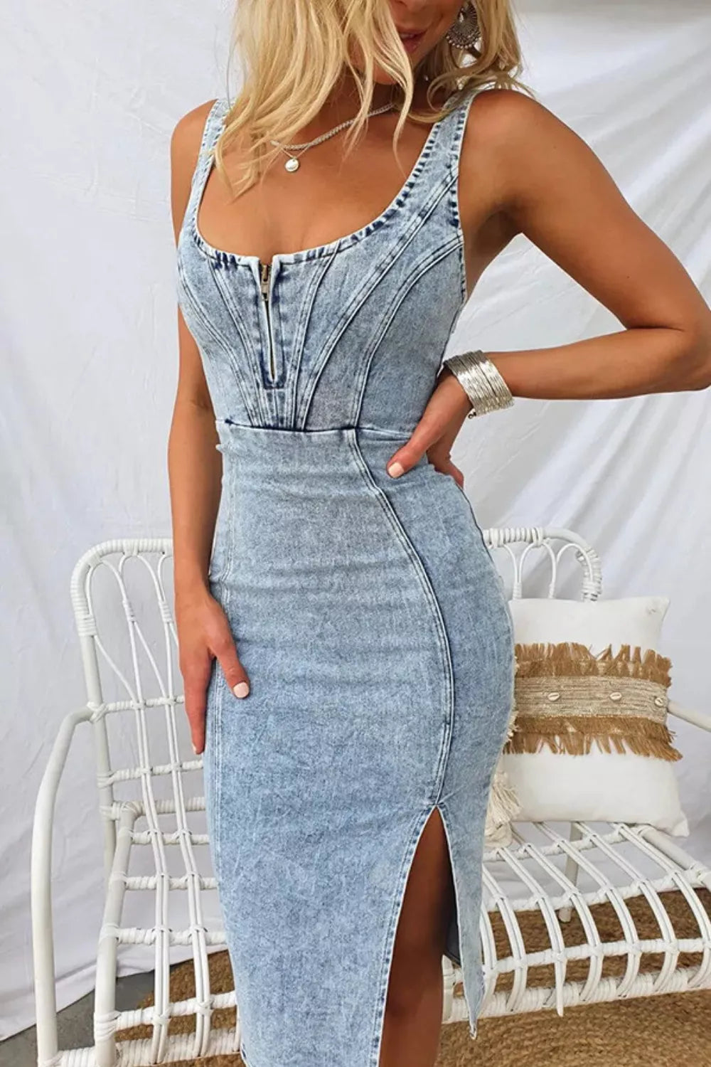 Side Slit Washed Scoop Neck Denim Sleeveless Dress - alternate view 5
