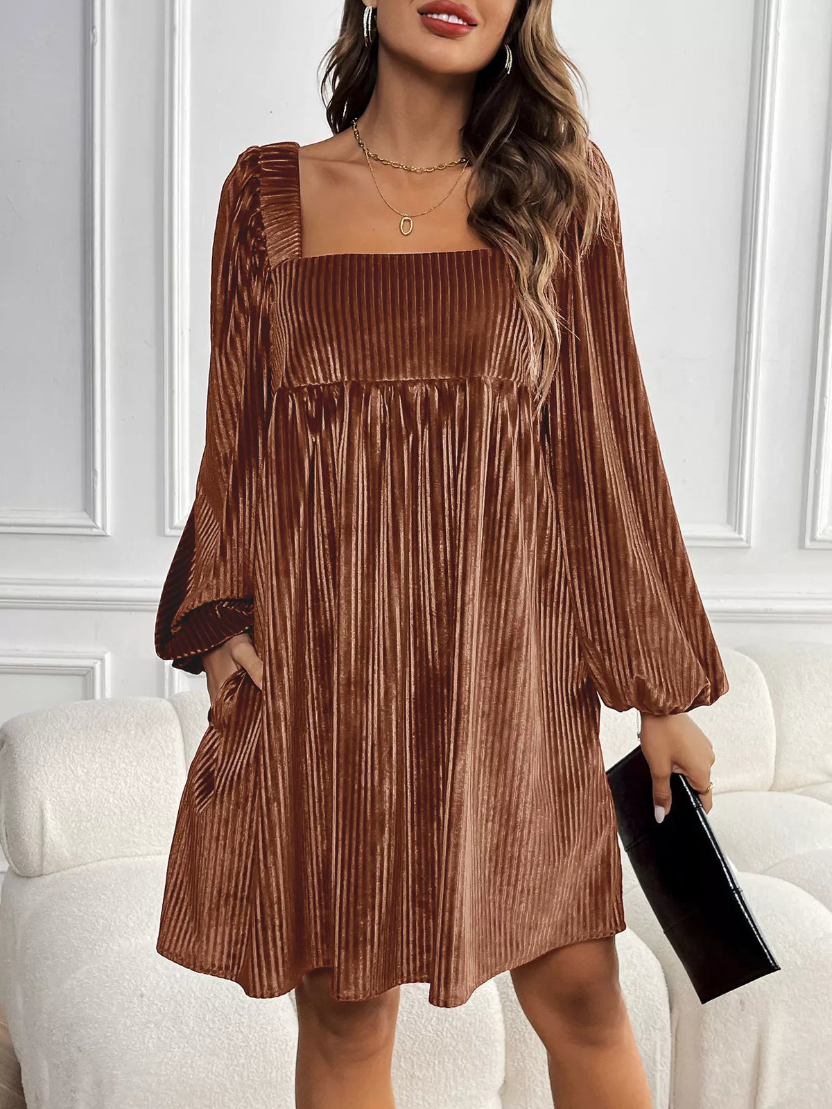 Velvet Square Neck Long Sleeve Dress - alternate view 3