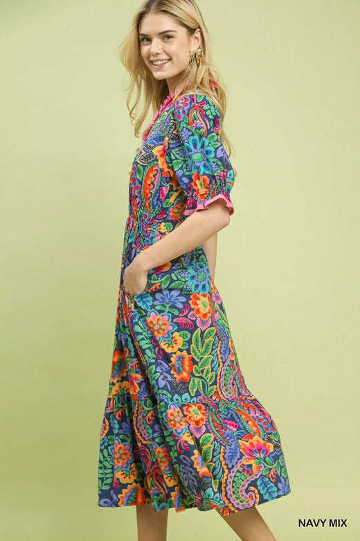 Mix Floral Midi Dress with Ruffle Trim - alternate view 2