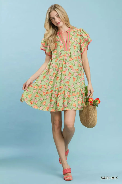 Floral Flutter Sleeve Tiered Dress - alternate view 6