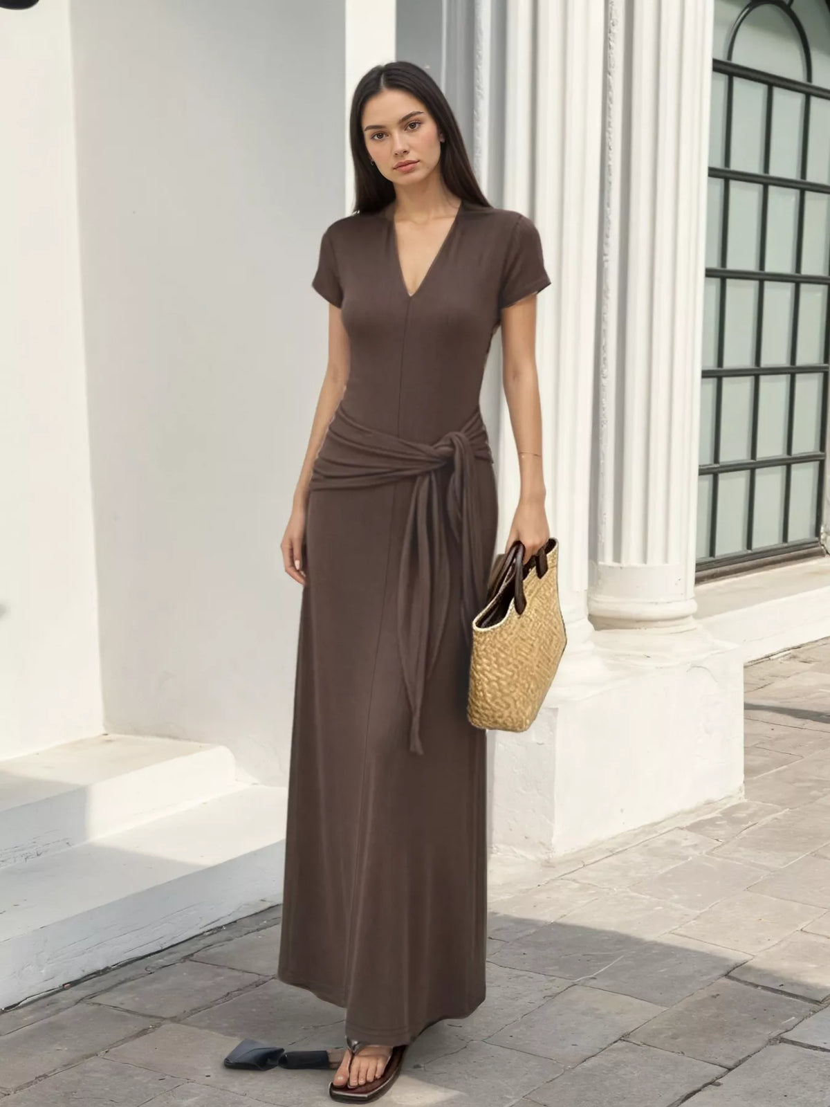 V-Neck Short Sleeve Maxi Dress with Waist-Tie Detail