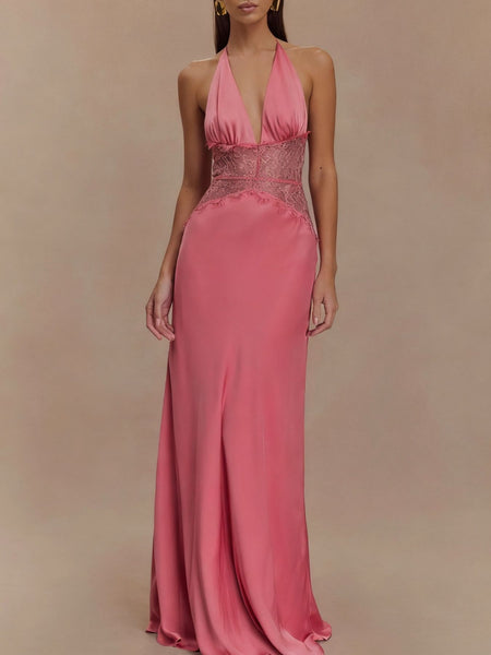 Halter Neck Lace Trimmed Maxi Dress