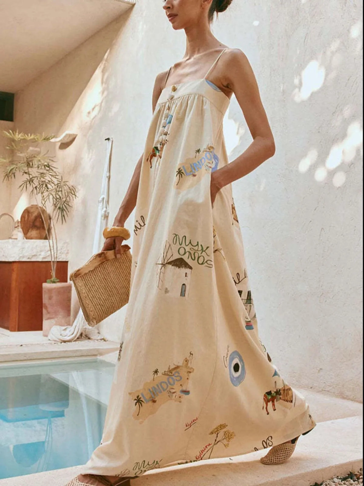 Bohemian Print Cami Maxi Dress with Pockets - alternate view 1