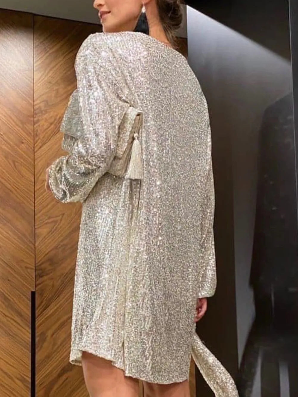 Sequin Tie Waist Long Sleeve Mini Dress - alternate view 2