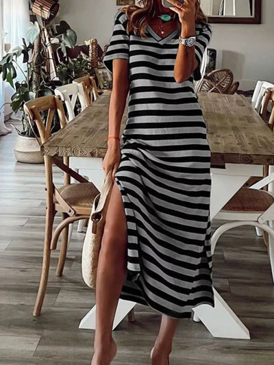 Striped V-Neck Midi Dress with Side Slit - alternate view 7