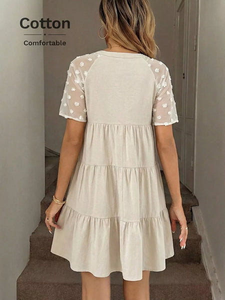 Casual Tiered Mini Dress with Swiss Dot Sleeves - alternate view 3