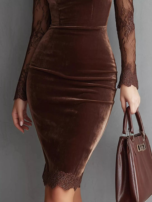 Long Sleeve Velvet Lace Bodycon Dress - alternate view 2