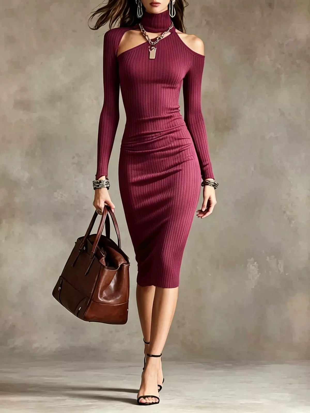 Cold-Shoulder Turtleneck Ribbed Knit Dress - alternate view 8