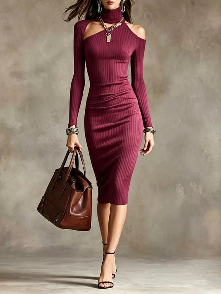 Cold-Shoulder Turtleneck Ribbed Knit Dress - alternate view 8