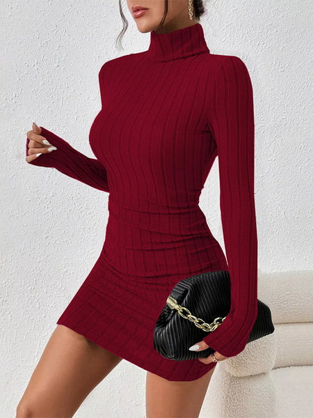 Christmas Outfit Turtleneck Ribbed Bodycon Knit Dress - alternate view 4