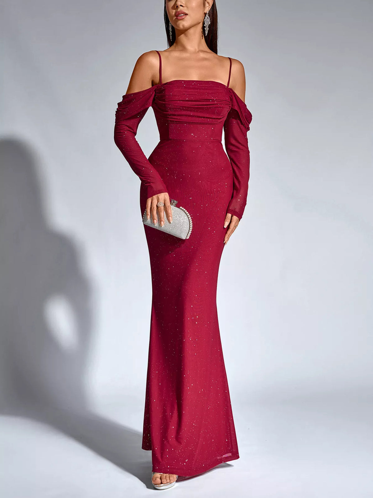 Glitter Ruched Long Sleeve Mermaid Maxi Dress - alternate view 5