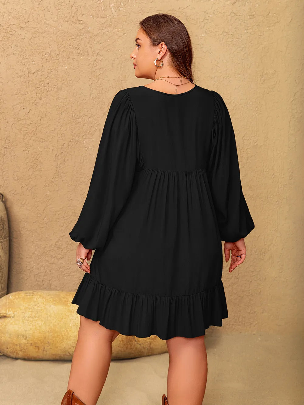 Embroidered Tie Neck Long Sleeve Mini Dress - alternate view 2