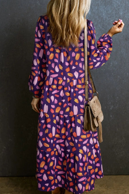 Printed Notched Long Sleeve Dress - alternate view 3