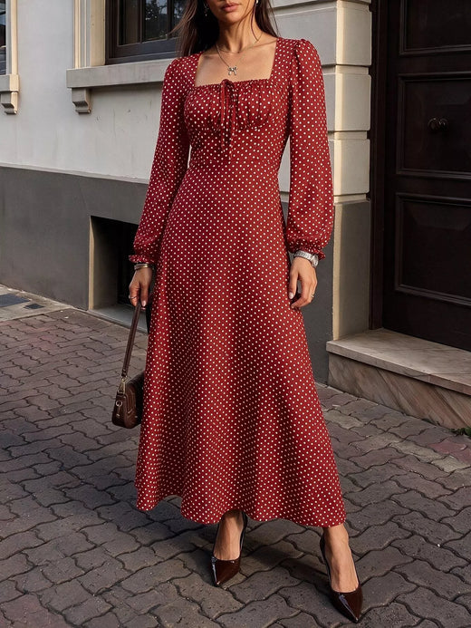 Square Neck Polka Dot Long Sleeve Maxi Dress - alternate view 6