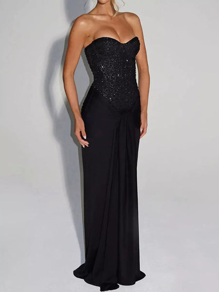 Elegant Strapless Sequin Corset Maxi Dress with Draped Waist Detail - alternate view 25